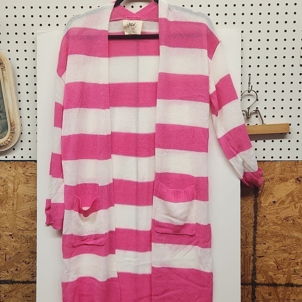 Fantastic fawn long cardigan sweater pink ivory stripes NWOT